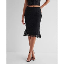 Load image into Gallery viewer, Express Floral Lace High Waist Peplum Scalloped Hem Mermaid Skirt Black 8 NWT
