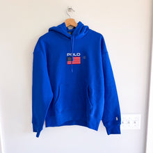 Load image into Gallery viewer, Polo Ralph Lauren USA American Flag Patch Fleece Hoodie Sweatshirt Royal Blue M
