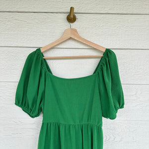 Tiered Short Sleeve Square Neck Casual Mini Dress Green M