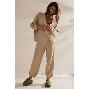 FP BEACH Hailee Knit Button Front Oversized Casual Cardigan Set Brown S
