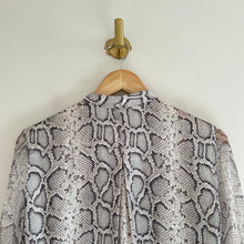 Load image into Gallery viewer, Elie Tahari Silk Terri Snake Print Pleated Button Up Shirt Gray M
