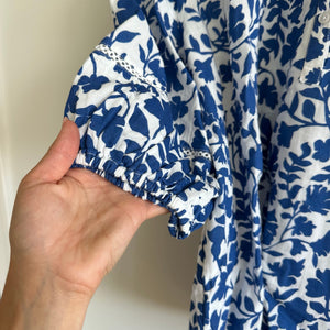 CASLON Floral 1/4 Button Short Sleeve Blouse Blue White XL