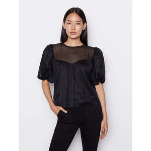 Frame Sheer Cotton-Silk Inset Puff Sleeve Blouse Black S