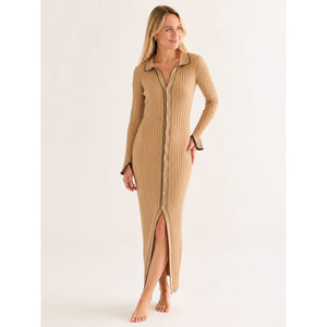 Sovere Farren Knit Polo Long Sleeve Ribbed Button Front Midi Dress Beige 10