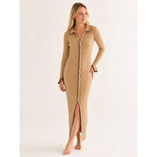 Load image into Gallery viewer, Sovere Farren Knit Polo Long Sleeve Ribbed Button Front Midi Dress Beige 10

