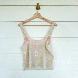 Intimates by Flora Lace Floral Print Cropped V-Neck Camisole Top Green/Pink M