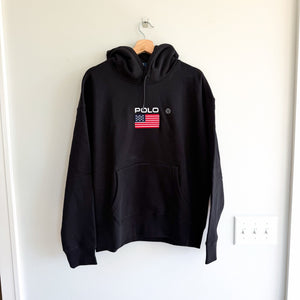 Polo Ralph Lauren USA Flag Patch Fleece Hoodie Sweatshirt Black