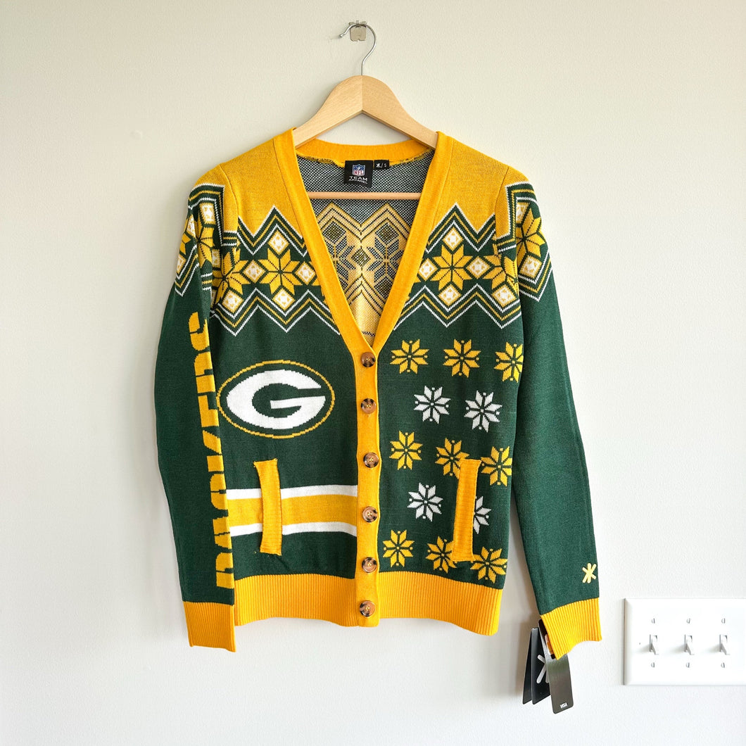 NFL Team Apparel Packers Ugly V-Neck Button Up Cardigan NWT