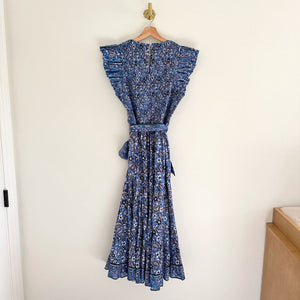Cleobella Autumn Paisley Print Flutter Sleeve Smocked Midi Dress Blue L