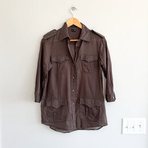 Theory Cotton Pocket Utility Button Front 3/4 Sleeve Top Olive Brown S