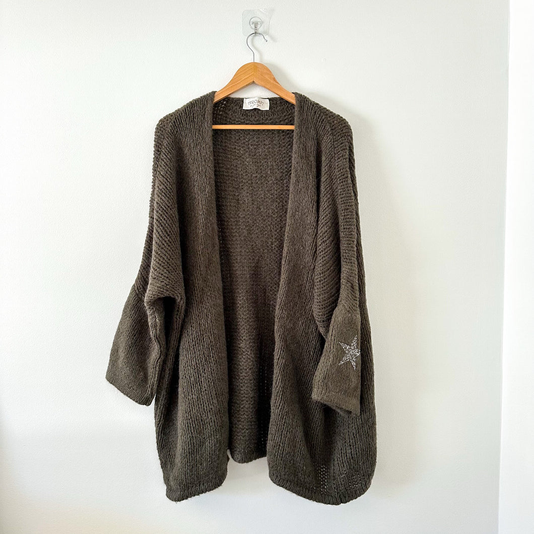 AROMA See You Again Star Embellished Knit Open Cardigan Green