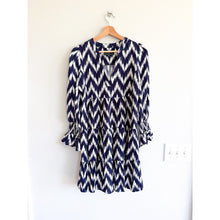 Load image into Gallery viewer, Pomander Place Kenzo Ikat Pattern V-Neck Ruffles Sleeve Mini Dress Blue XS
