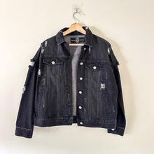 Load image into Gallery viewer, Hipchik Couture Star Embellished Distressed Denim Jacket Black L

