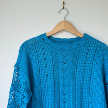 Load image into Gallery viewer, Filly Flair Lace Bell Sleeve Crew Neck Pullover Sweater Blue S

