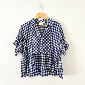 Anthropologie Maeve Gingham Print Ruffles Button Front Oversized Blouse