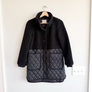 Loft Sherpa Quilted Panel Button Front Mid-Length Jacket Black XXS Petite