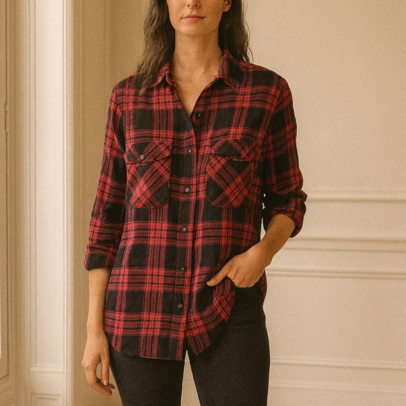 Sanctuary Plaid Snap Front Long Sleeve Shirt Red Black S