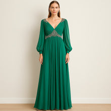Load image into Gallery viewer, Teri Jon by Rickie Freeman Crystal Embellished Pleated Maxi Gown Green 10
