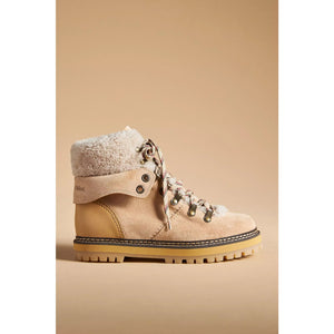 See By Chloé Eileen Suede Fur Trim Lace Up Hiking Boots Tan 9 NEW