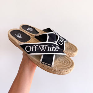 Off-White Logo Criss Cross Canvas Strap Espadrille Slide Sandals Black 9