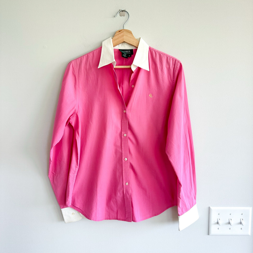 Lauren Ralph Lauren Classic Colorblock Button Down Shirt Pink White M