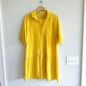 Lola & Sophie Button Front Tiered Short Sleeve Shirt Dress Yellow L