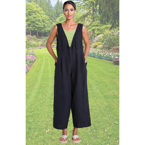 Cut Loose Solid Linen V-Neck Overalls Black XS