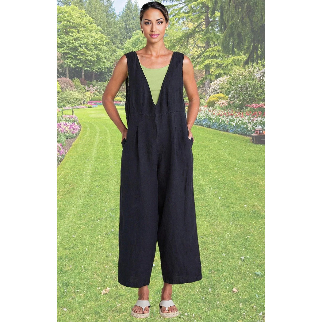 Cut Loose Solid Linen V-Neck Overalls Black XS