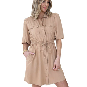 The Drop x Cella Jane Praline Gathered-Waist Mini Shirt Dress Brown L