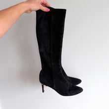 Load image into Gallery viewer, Cole Haan Suede Knee High Pointed Toe Heel Boots Black 5 1/2
