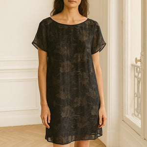 Vintage GALA Silk Sheer Floral Overlay Short Sleeve Mini Dress Black S