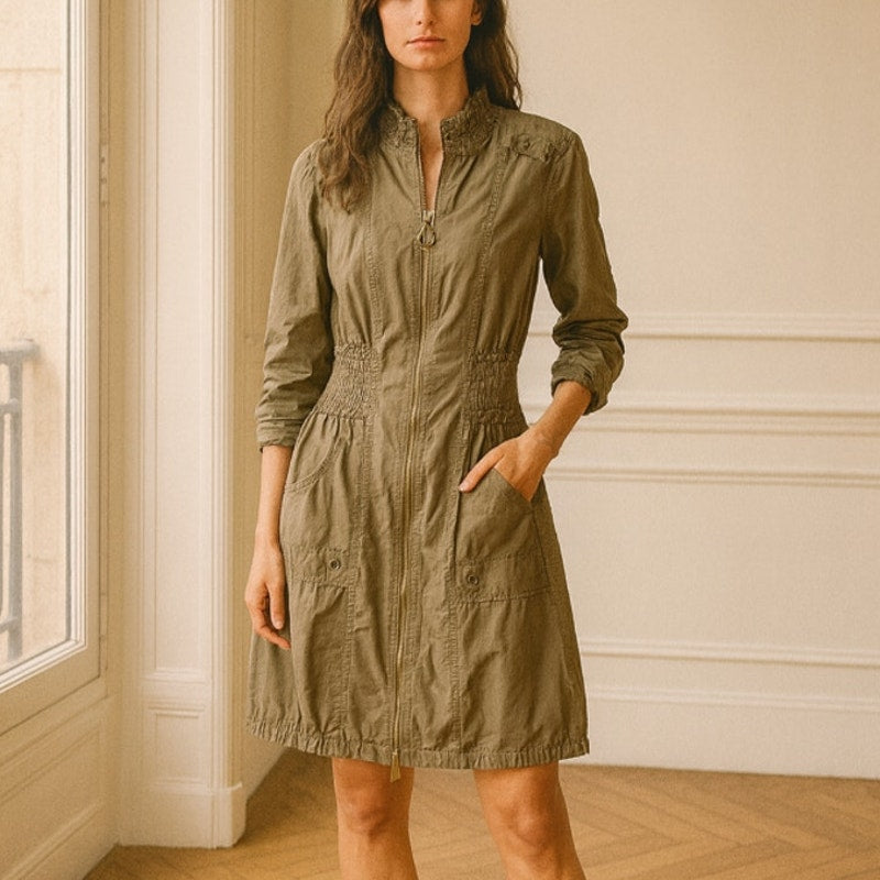 XCVI Smocked Waist Long Sleeve Full Zip Dress Olive Green M NWT