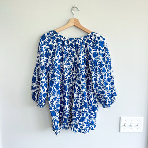 CASLON Floral 1/4 Button Short Sleeve Blouse Blue White XL
