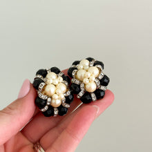 Load image into Gallery viewer, Vintage Faux Pearl Cluster Black Beaded Rhinestone Clip-On Earrings
