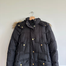Load image into Gallery viewer, J. Crew Wintress Faux-Fur Hood Mid Length Outdoor Puffer Coat Black XS
