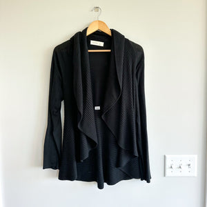 Laurie B Open Waterfall Draped Front Ribbed Knit Long Sleeve Cardigan Black M