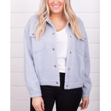 Load image into Gallery viewer, Mystree Fuzzy Soft Button Front Herringbone Shacket Blue S
