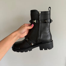 Load image into Gallery viewer, Valentino Garavani Rockstud Buckle Leather Slip-On Zipper Combat Boots Black NEW
