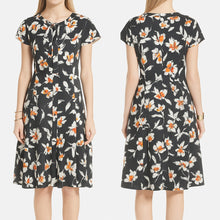 Load image into Gallery viewer, ST. JOHN Silk Floral Mod Print Neck Tie Short Sleeve Midi Dress Black 10 NWT
