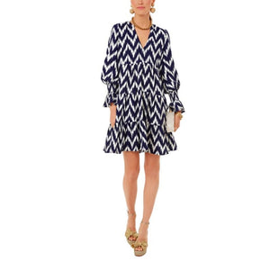 Pomander Place Kenzo Ikat Pattern V-Neck Ruffles Sleeve Mini Dress Blue XS