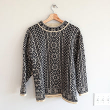 Load image into Gallery viewer, Vintage Norwear Irish Wool Fair Isle Crew Neck Pullover Sweater Black Cream S
