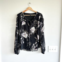 Load image into Gallery viewer, White House Black Market Silk New Romance Floral Sheer Sleeve Ruffle Blouse
