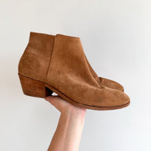 Load image into Gallery viewer, Thursday Suede Handcrafted Side Zip Heeled Ankle Bootie Brown 9.5
