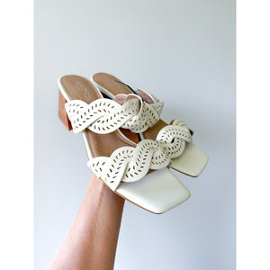 Joie Society Laser Cut Braided Open Square Toe Block Heel Sandals White 9 NEW