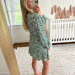 DVF West Silk Leafy Print Long Sleeve Wrap Dress Green S