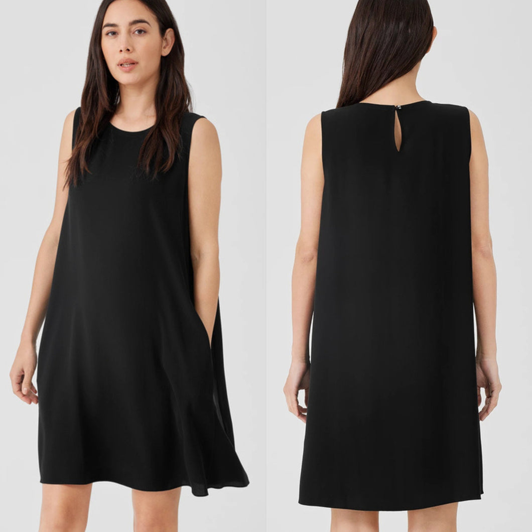 Eileen Fisher Silk Georgette Crepe Round Neck Dress Black LP
