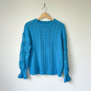 Filly Flair Lace Bell Sleeve Crew Neck Pullover Sweater Blue S