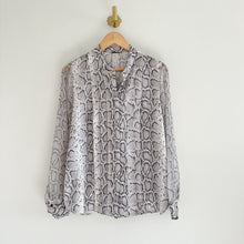 Load image into Gallery viewer, Elie Tahari Silk Terri Snake Print Pleated Button Up Shirt Gray M
