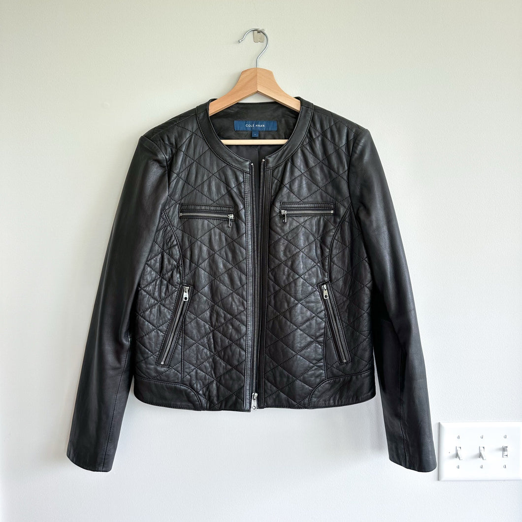 Cole Haan Genuine Lamb Skin Leather Zip Up Quilted Jacket Black L