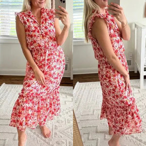 Laundry By Shelli Segal Floral Print Sleeveless Ruffles Casual Maxi Dress Red 10